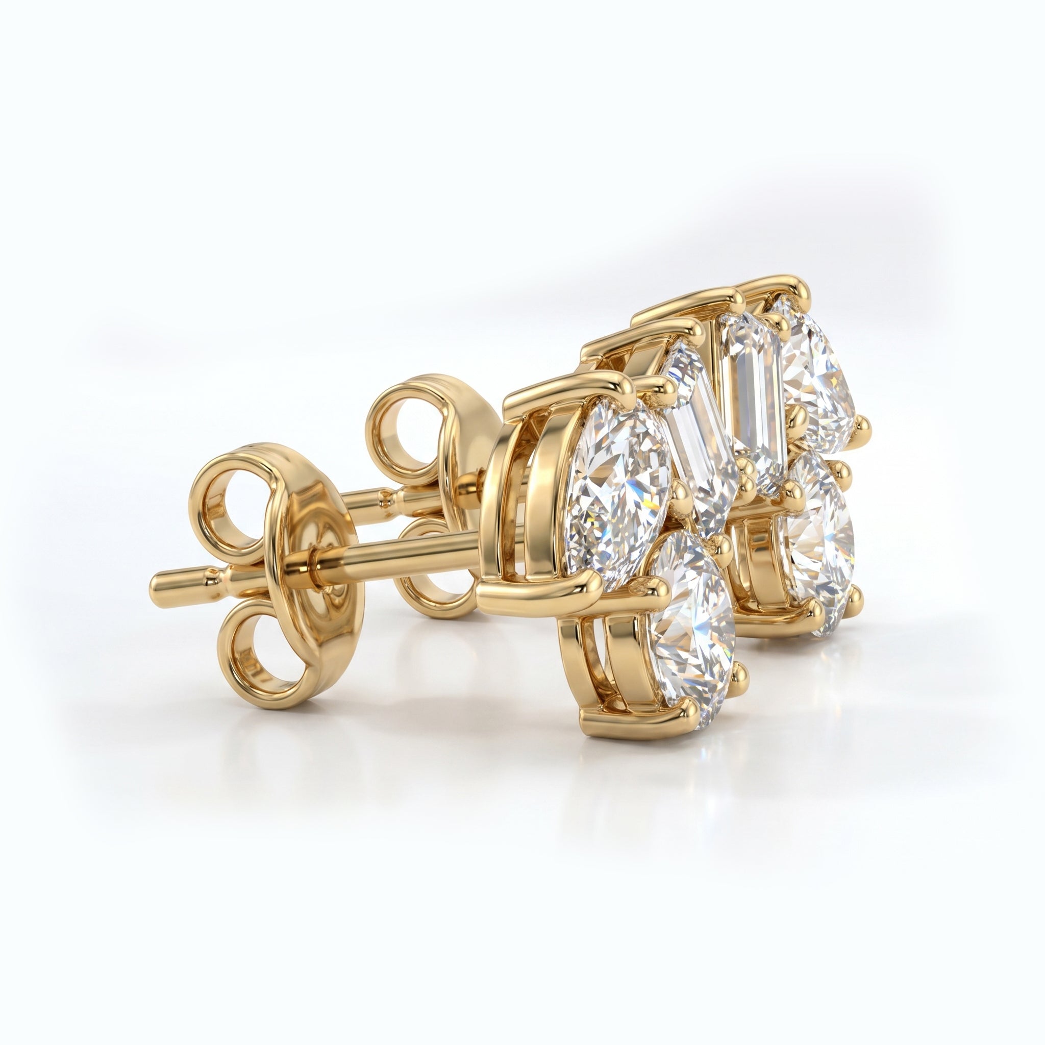 Side profile of rose gold cluster stud earrings showing fine prong setting and diamond details