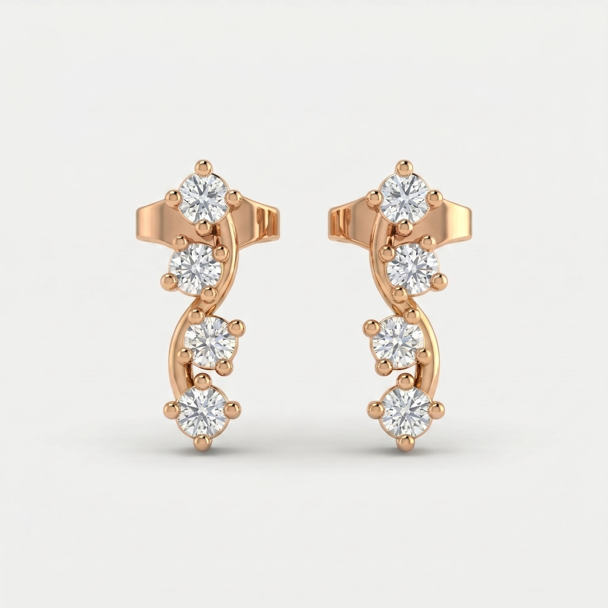 Rose gold diamond ear climber earrings with curved minimalist design and brilliant round stones on white background