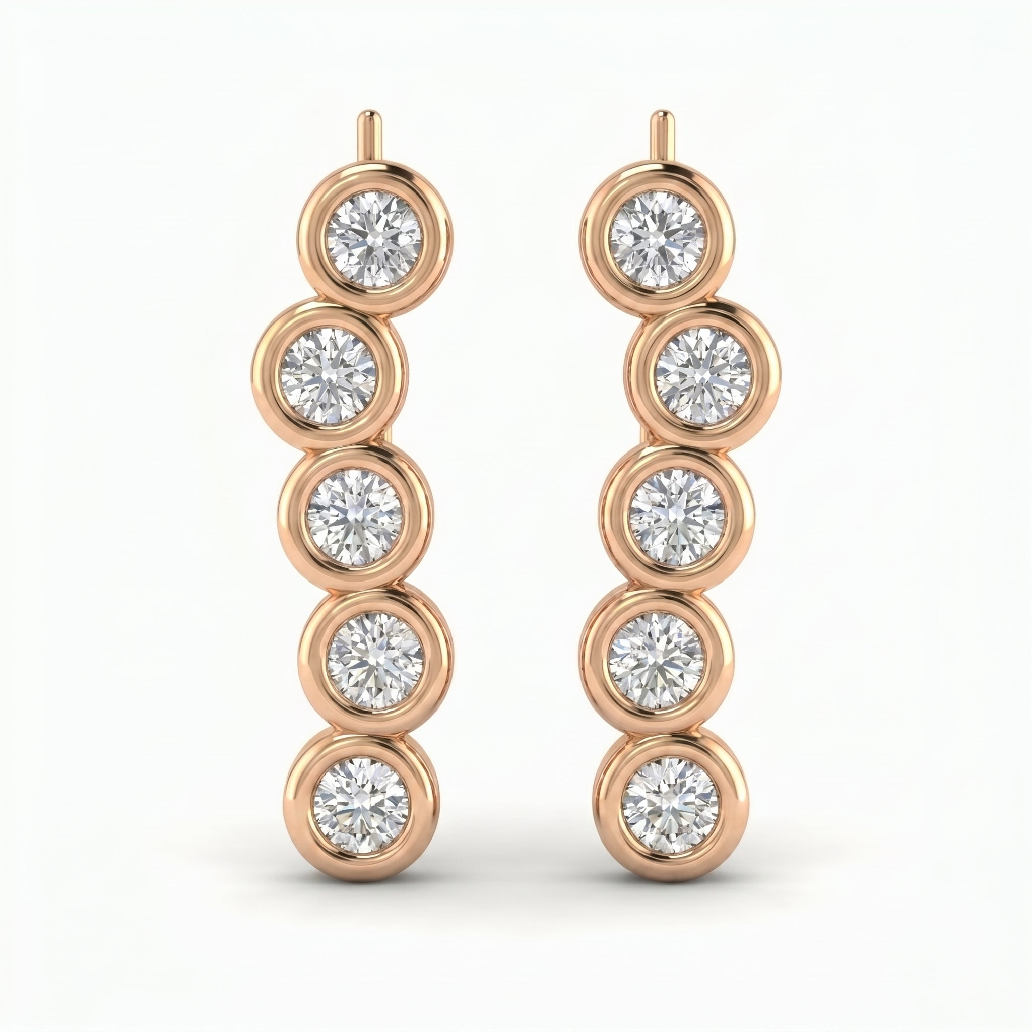 Rose gold bezel-set diamond ear climber earrings with five round brilliant stones on white background