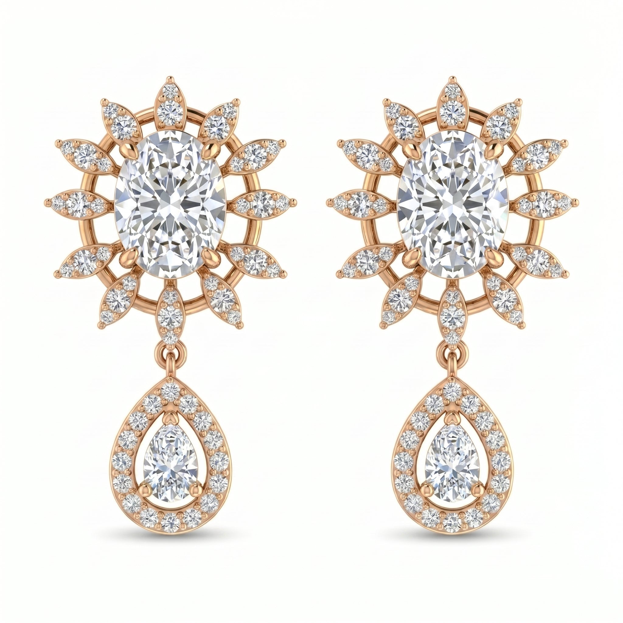 Rose gold floral halo drop earrings with oval center stones and pavé teardrop dangles on white background