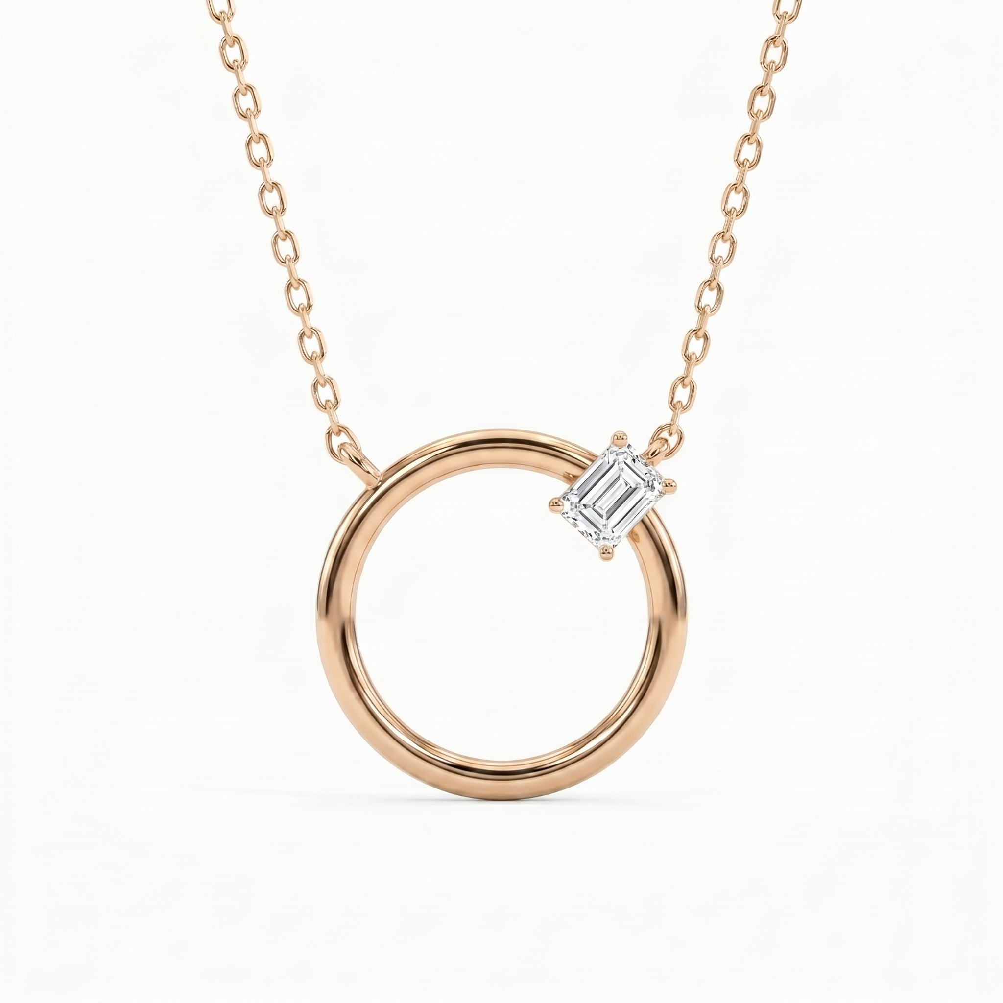Emerald Cut Diamond Pendant Circle Design Necklace