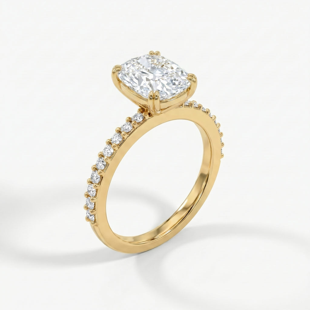 Cushion Cut Diamond Pave Side Stone Engagement Ring