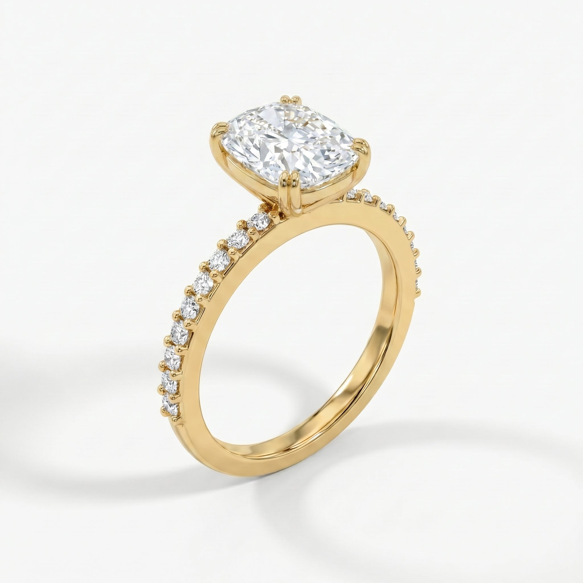 Cushion Cut Diamond Pave Side Stone Engagement Ring
