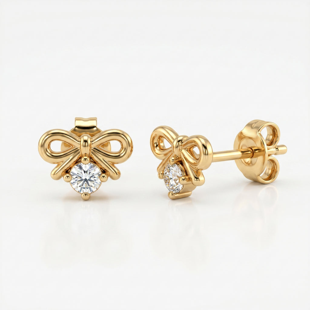 Woman wearing minimalist yellow gold bow earrings with sparkling crystal in elegant everyday styling