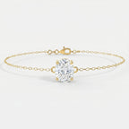 Side profile of oval diamond bracelet showing four-prong yellow gold setting and delicate chain craftsmanship