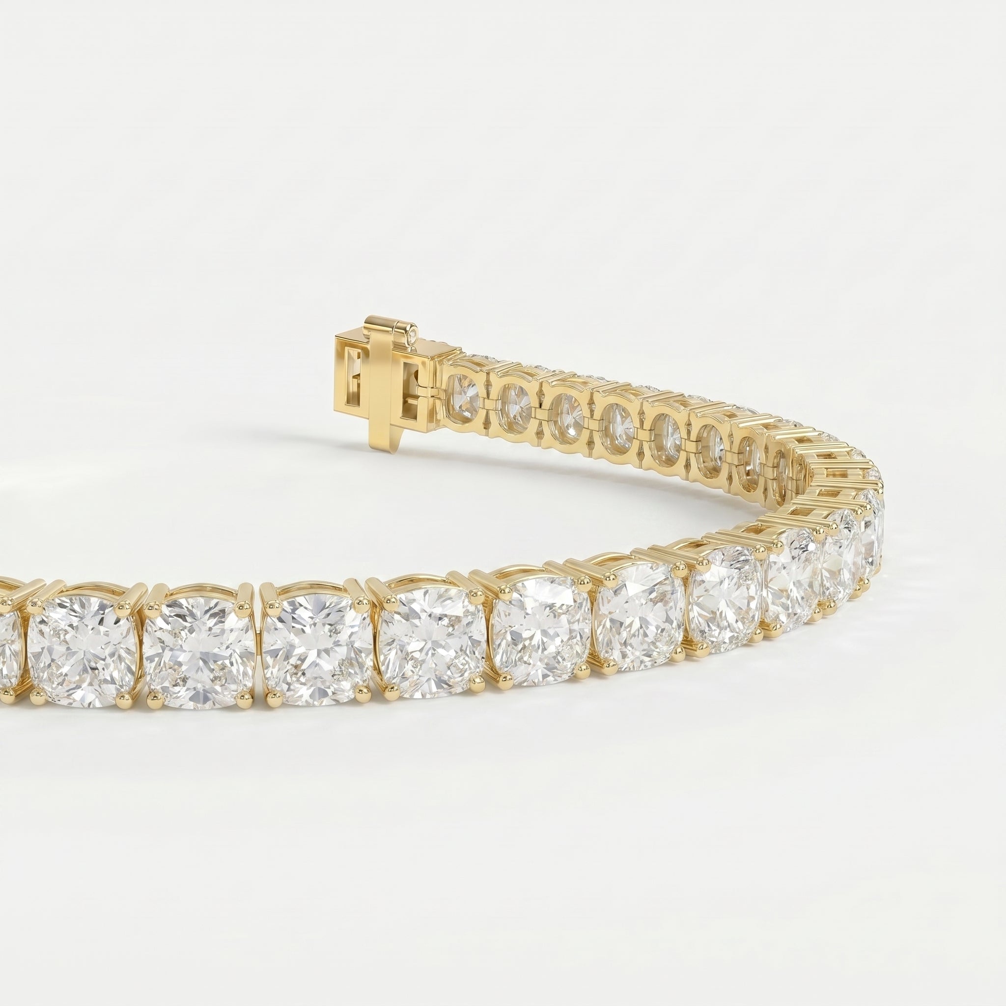 45-degree view of yellow gold diamond tennis bracelet highlighting sparkling stones and premium craftsmanship details.